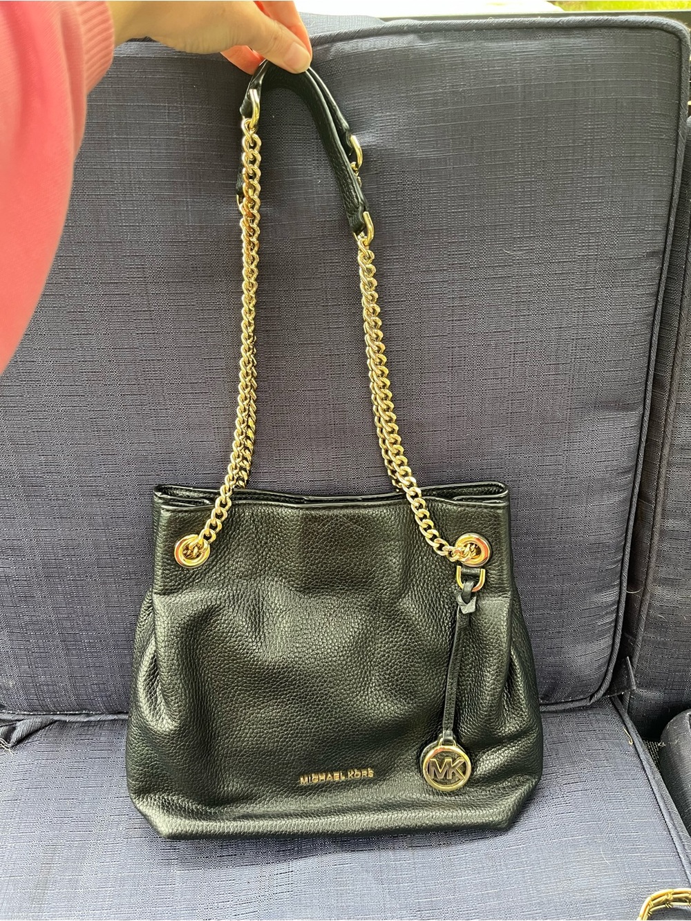 Michael Kors Black Pebbled Leather Shoulder Bag with Gold Chain Detail